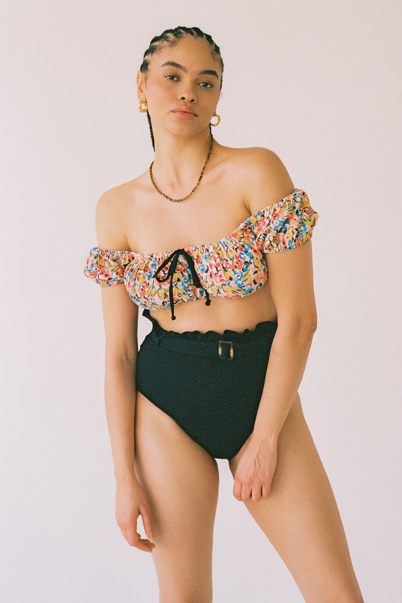 Janey Puff Sleeve High Waist Belted Bikini Set